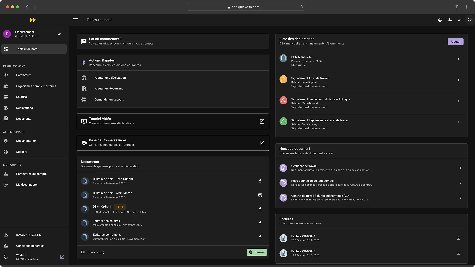 Aperçu de l'application QuickDSN montrant la simplicité de création d'une fiche de paie et d'une DSN en mode sombre.