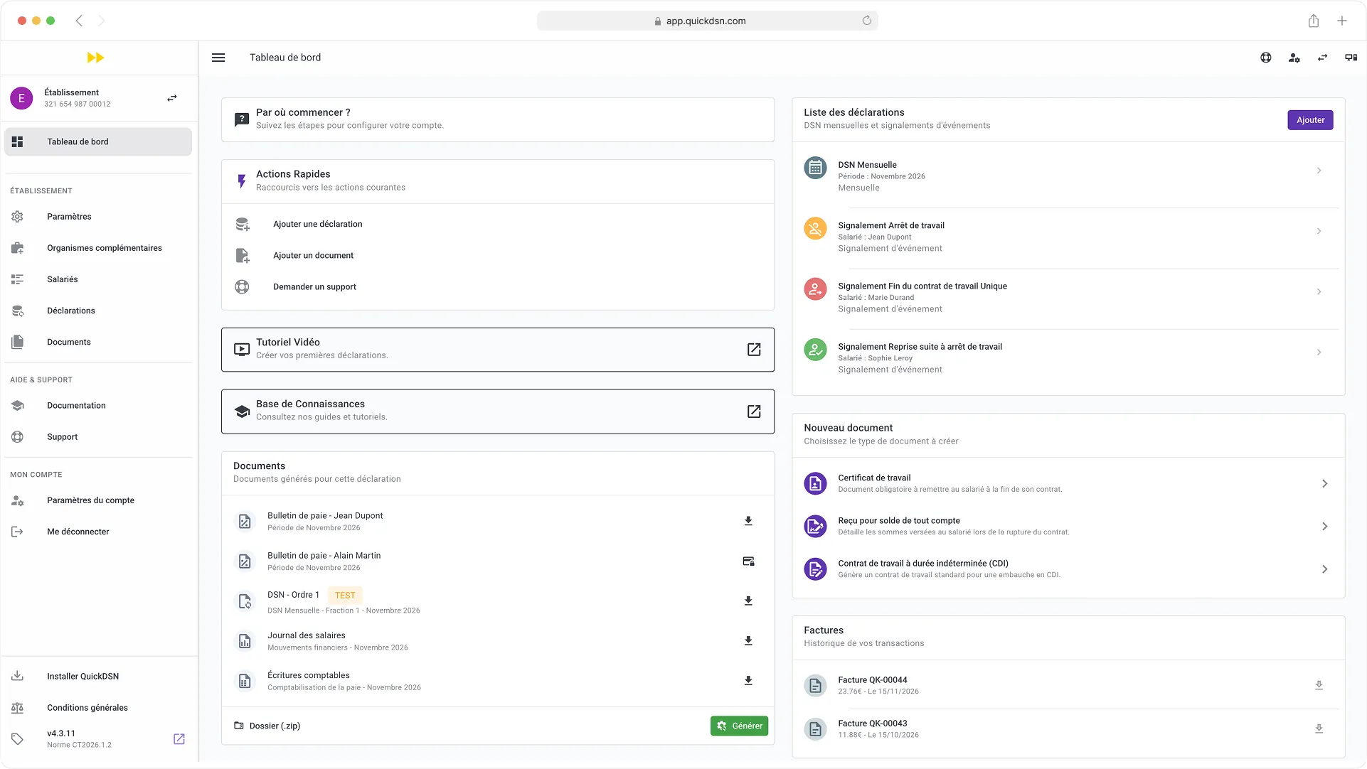 Aperçu de l'application QuickDSN montrant la simplicité de création d'une fiche de paie et d'une DSN en mode clair.