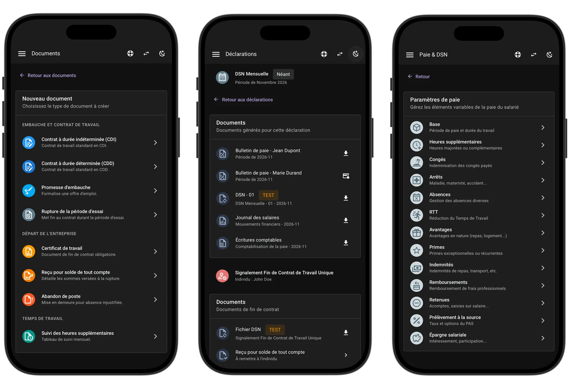 Application QuickDSN accessible sur mobile, tablette et ordinateur en mode sombre.
